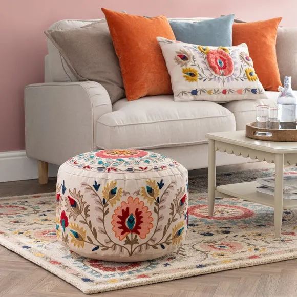 Hani Embroidered Round Pouffe