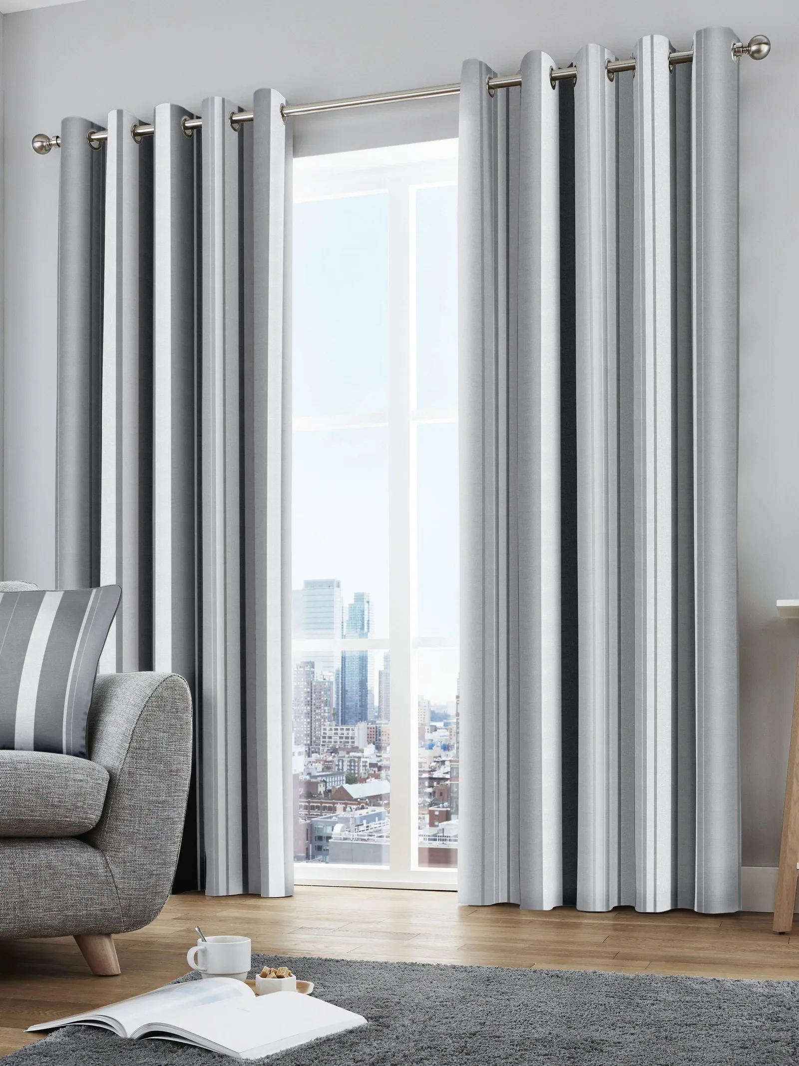 Fusion 'Whitworth Stripe' Fully Lined 100% Cotton Eyelet Curtains in Grey 1