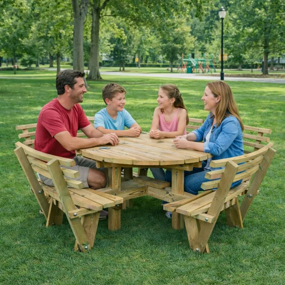 Churnet Valley Garden Furniture Ltd Westwood Round 8 Seat Picnic Table With Backrests - L205XW205XH80 cm in Light Brown 4