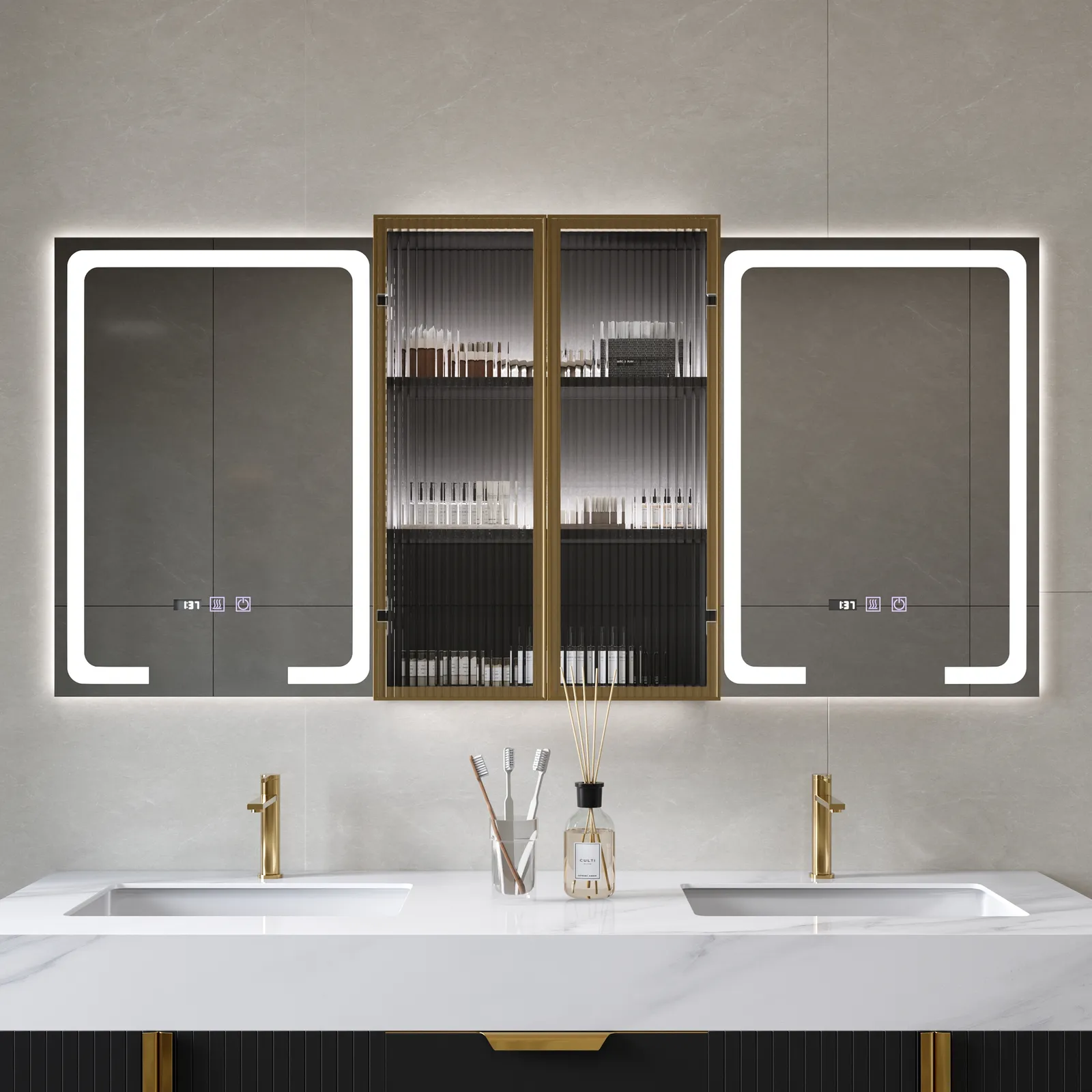 59" Black LED Mirror Cabinet with Centre Storage, 3-Colour Dimmable & Defogger