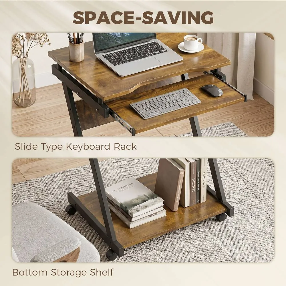 HOMCOM Movable Computer Desk with 4 Moving Wheels Rustic Brown 5