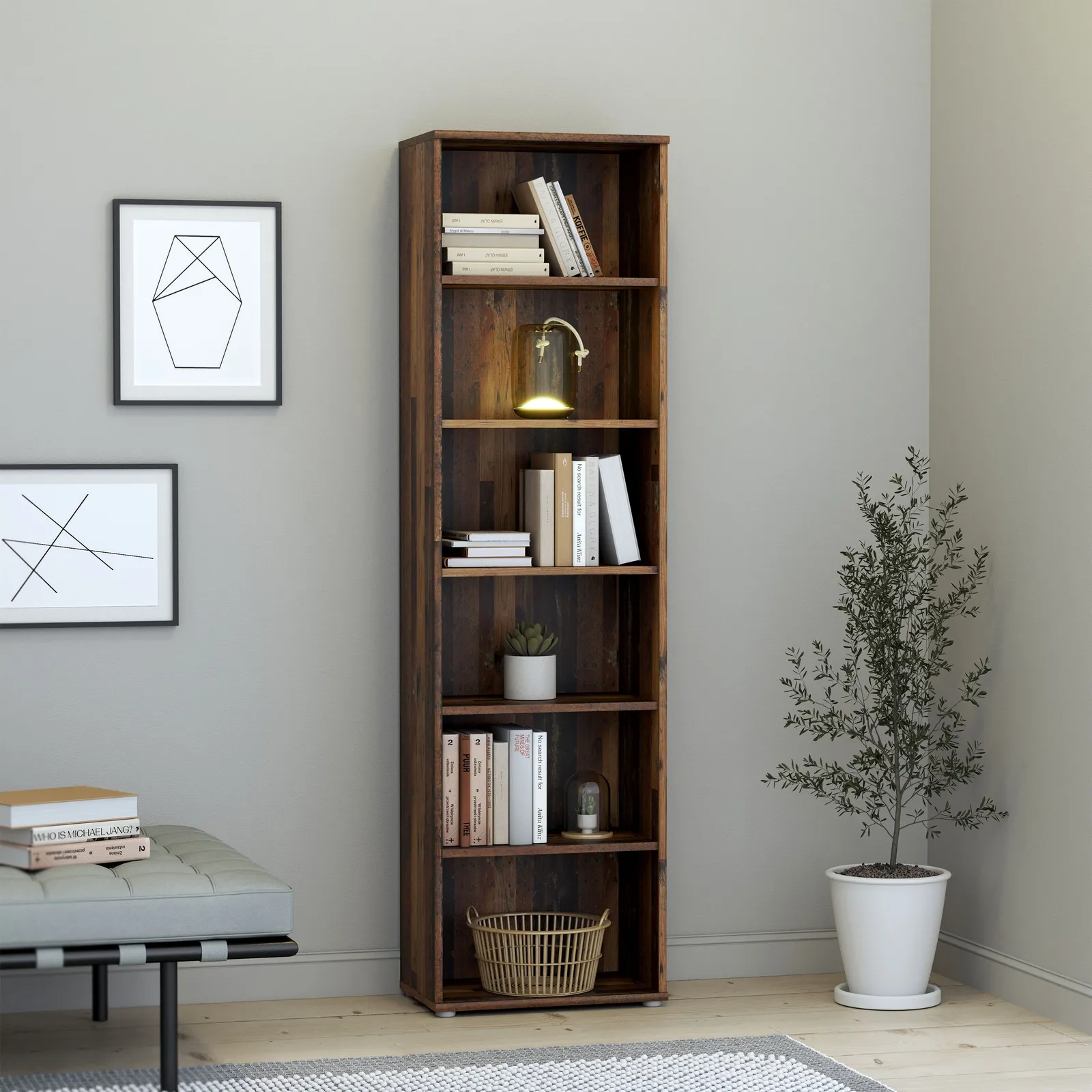 Furniture To Go Essential Narrow 5 Shelf Bookcase in Vintage Oak in Dark Brown 4