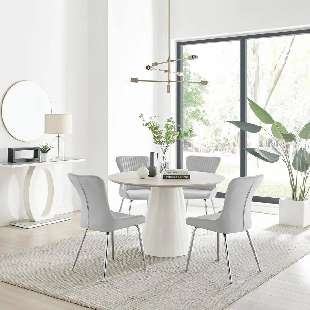 FurnitureboxUK Palma Beige Stone Round Table & 4 Light Grey Nora Silver Leg Chairs