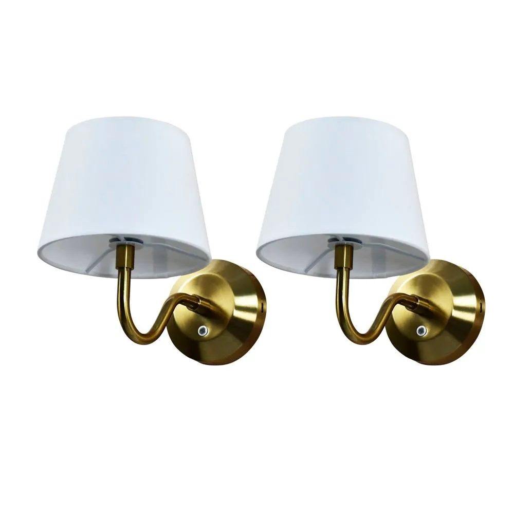 First Choice Lighting Set of 2 Hamilton - Brass Rechargeable Wall Lights with White Shades in Gold