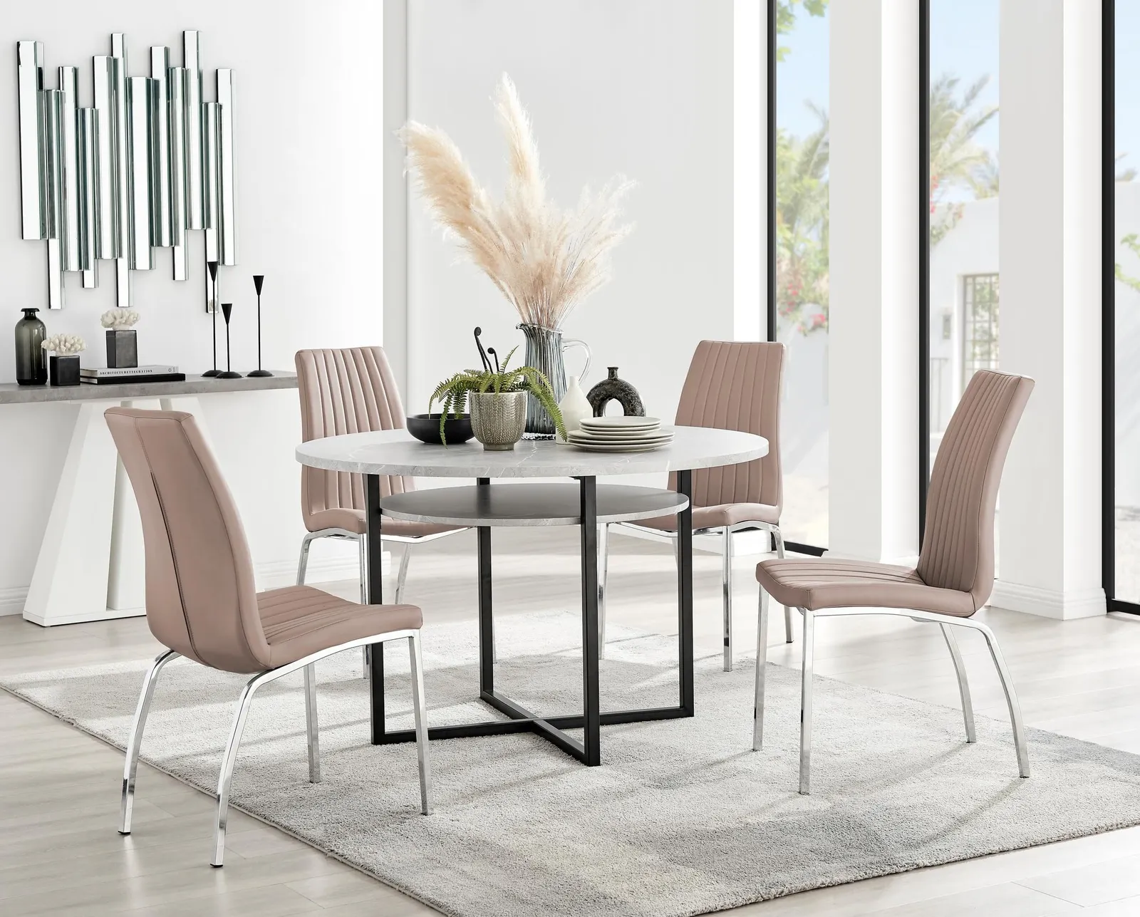FurnitureboxUK Adley Grey Concrete Effect Round Dining Table & 4 Isco Faux Leather Chairs in Beige 1