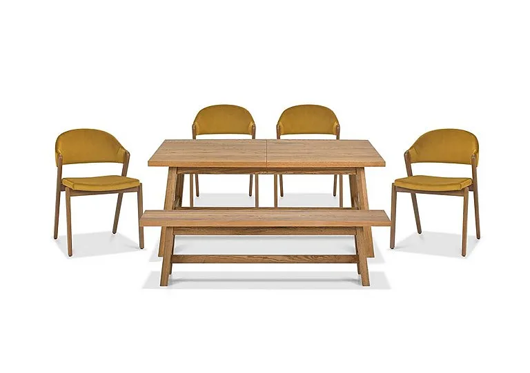 Stratford Small Extending Dining Table with Bench and 4 Fabric Chairs - Mustard Velvet