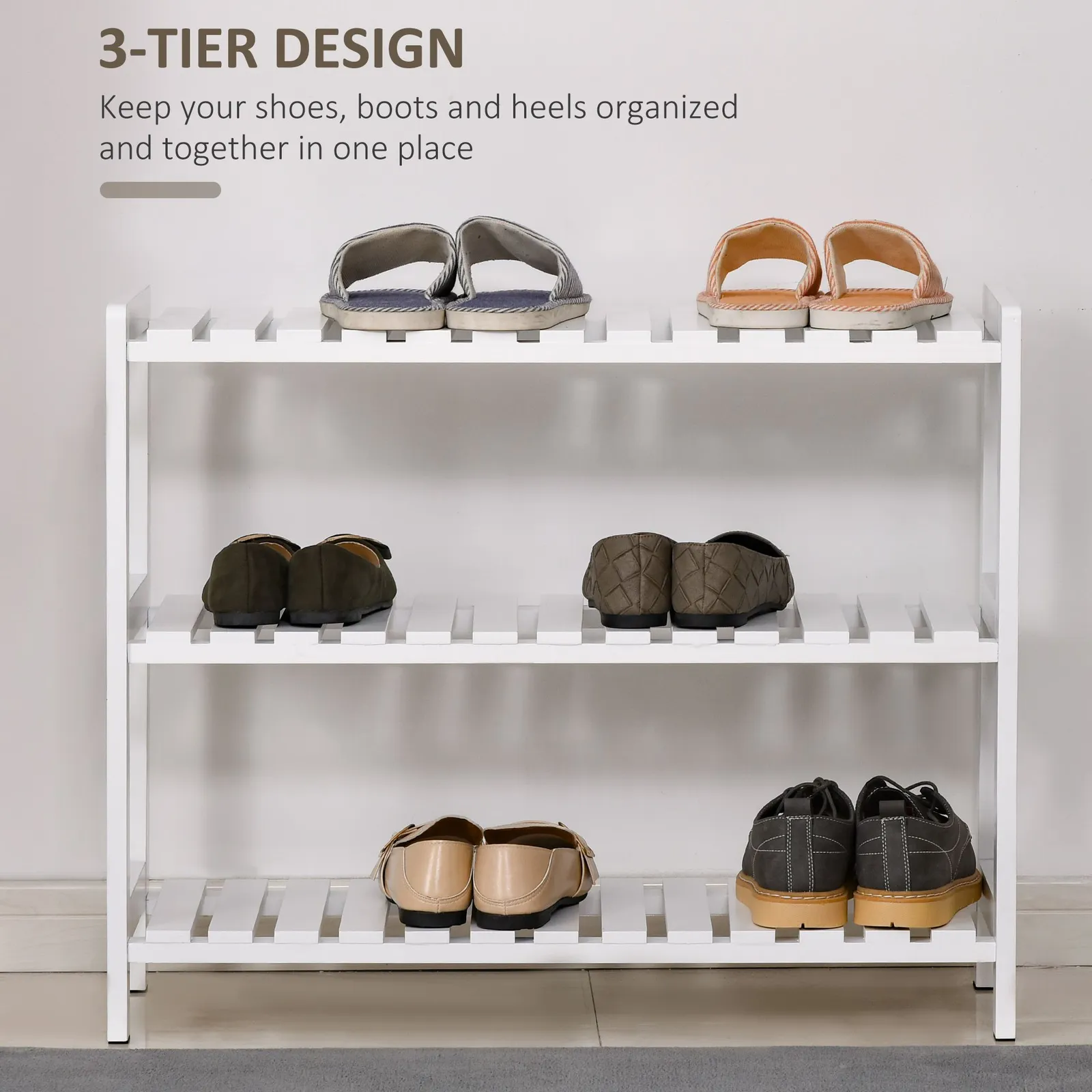 HOMCOM 3-Tier Shoe Rack Wood Frame Slatted Shelves Open Hygienic Storage in White 4