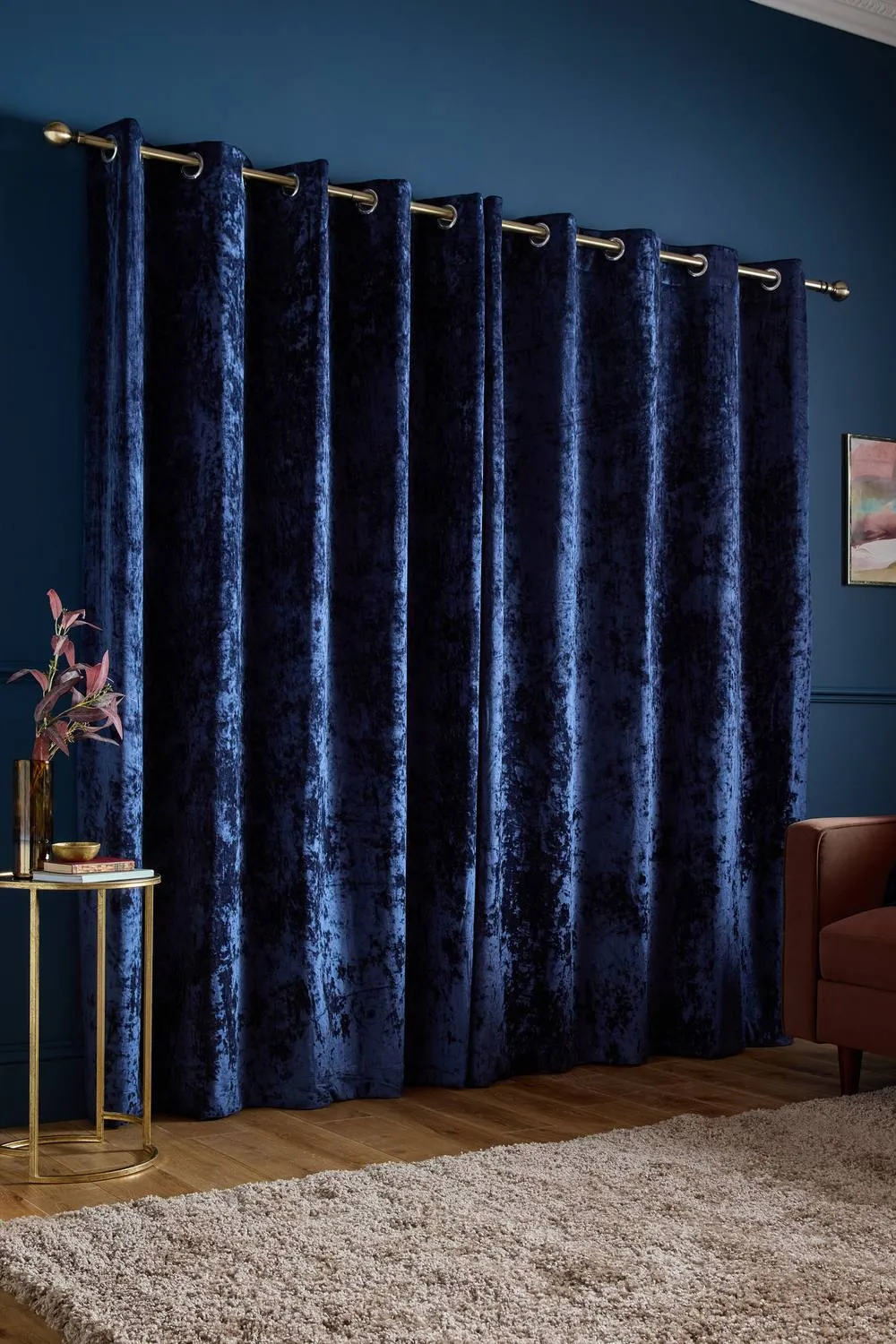 Catherine Lansfield 'Crushed Velvet' Lined Eyelet Curtains in Navy 2