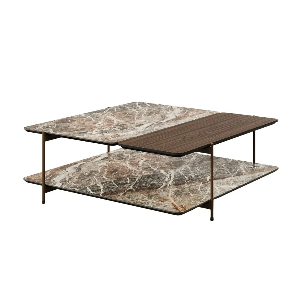 Paul Rogers Dua Stone/Wood Coffee Table Square Double Bronze Mountain Mat Walnut 70cm 2