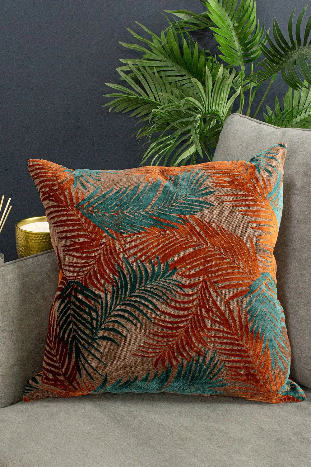 Paoletti Palm Grove Velvet Jacquard Fern Cushion in Teal 4