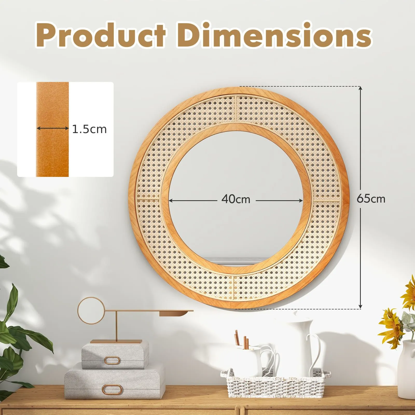 Costway Rattan Round Wall Mirror 65 cm Wooden Framed Mirror in Natural 2