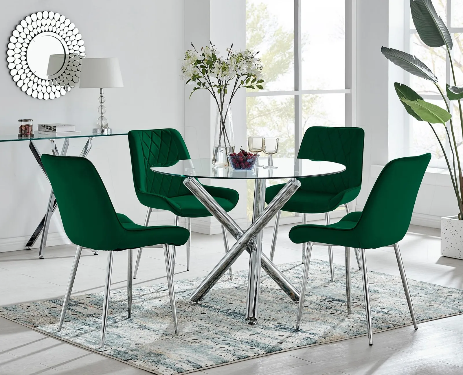 FurnitureboxUK Selina Round Glass Chrome Leg Dining Table & Pesaro Silver Leg Chairs in Green 1