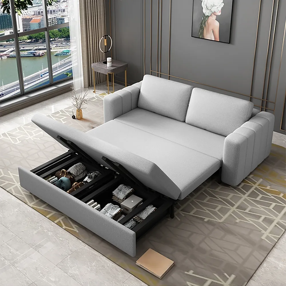 82" Cotton and Linen Upholstered Convertible Sofa Bed Gray Sleeper Couch with Storage