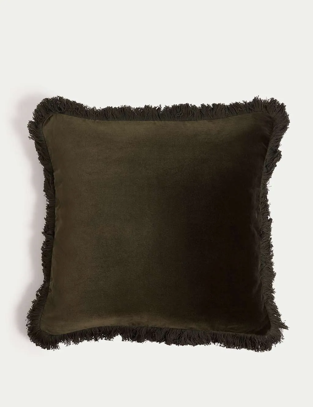 M&S Pure Cotton Velvet Fringed Cushion Dark Green