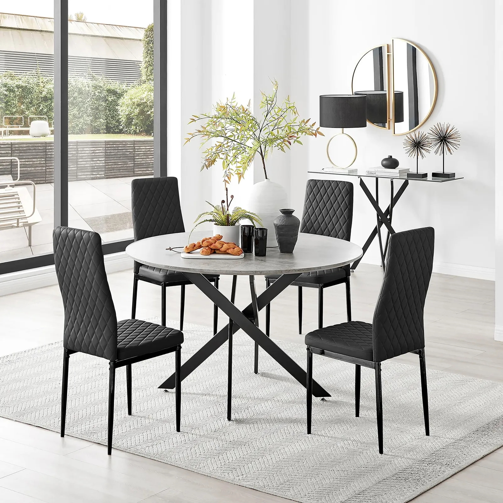 FurnitureboxUK Novara Grey Concrete Effect Black Leg 120cm Round Dining Table & 4 Milan Black Leg Chairs 1