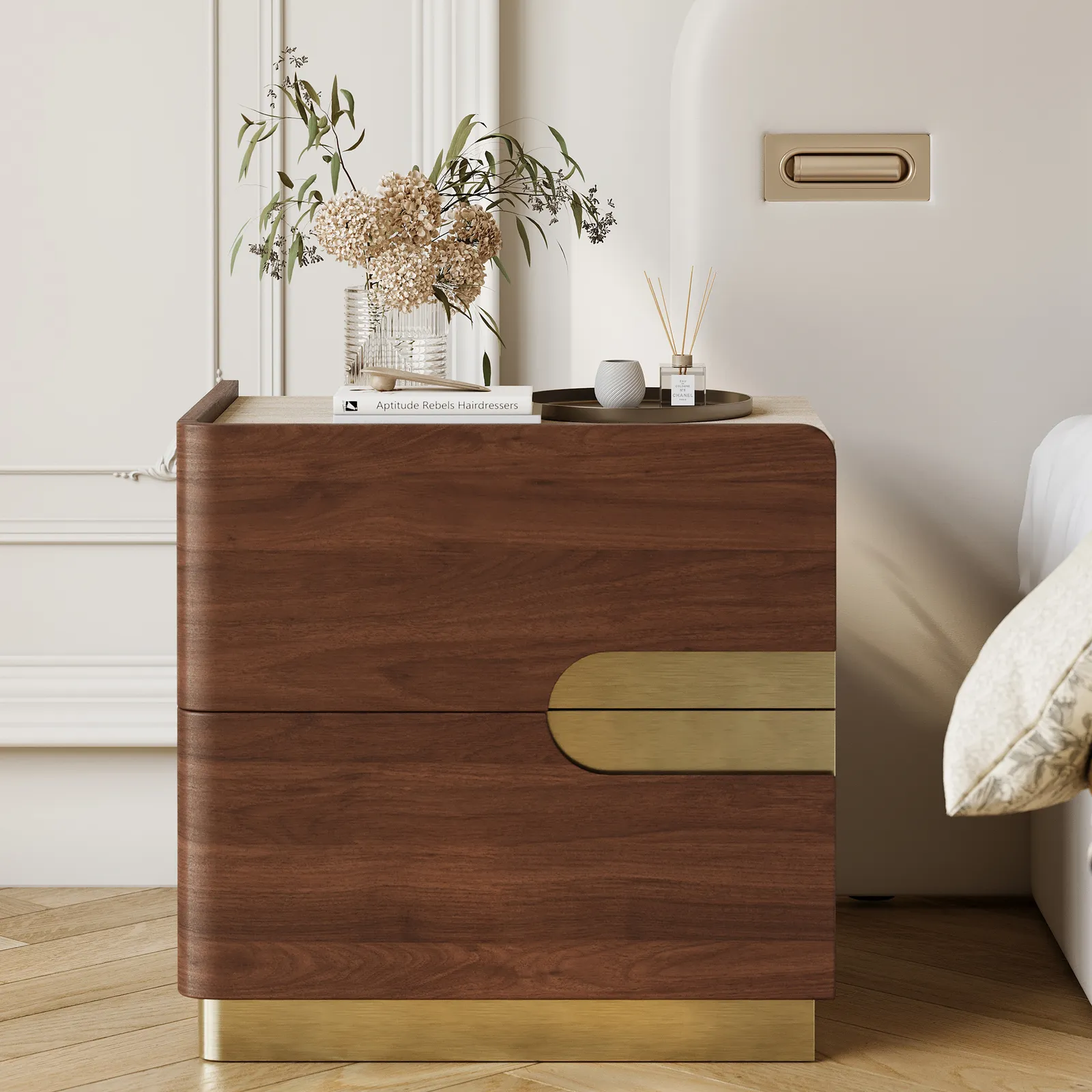 Hovra 2-Drawer Nightstand with Charging Station & Travertine Sintered Stone Top