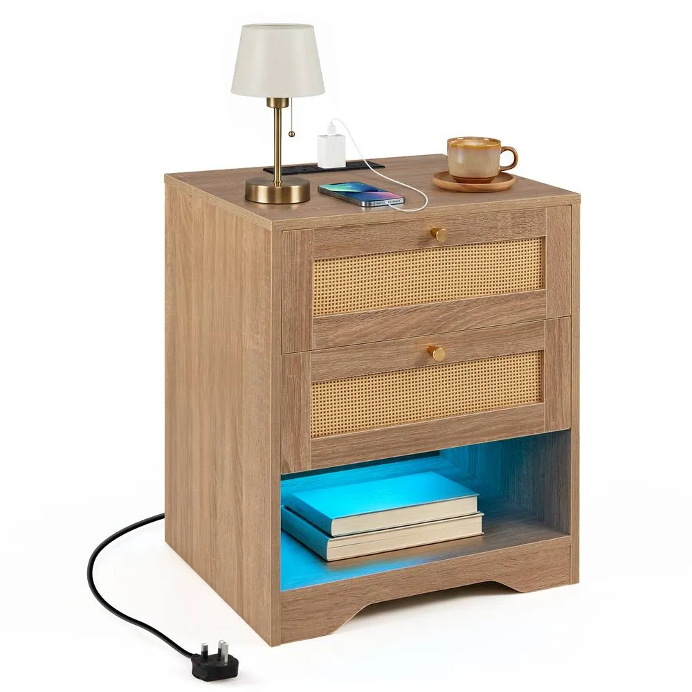 Costway Nightstand with Charging Station LED Light Strip in Khaki