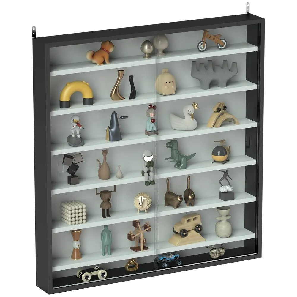 HOMCOM 7-Tier Wall Display Cabinet w/ Adjustable Shelves Glass Doors 2