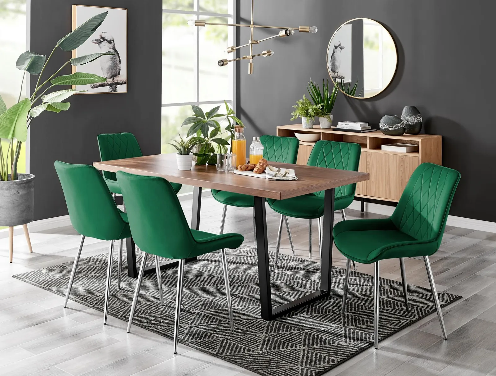 FurnitureboxUK Kylo Large Brown Wood Effect Dining Table & 6 Pesaro Velvet Silver Leg Chairs in Green 1