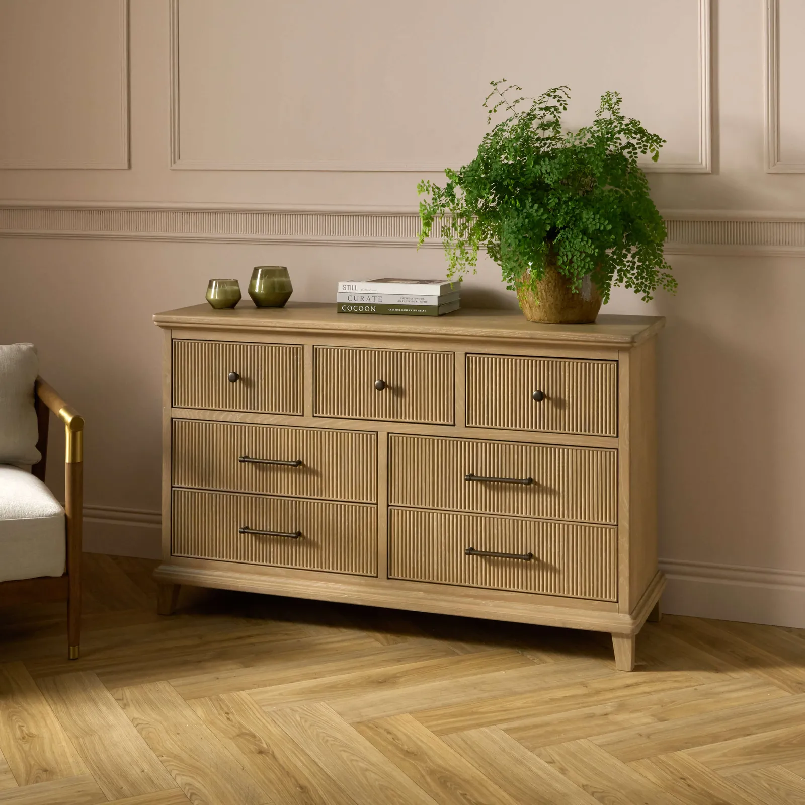 Lydia 7 Drawer Wide Chest, Washed Oak