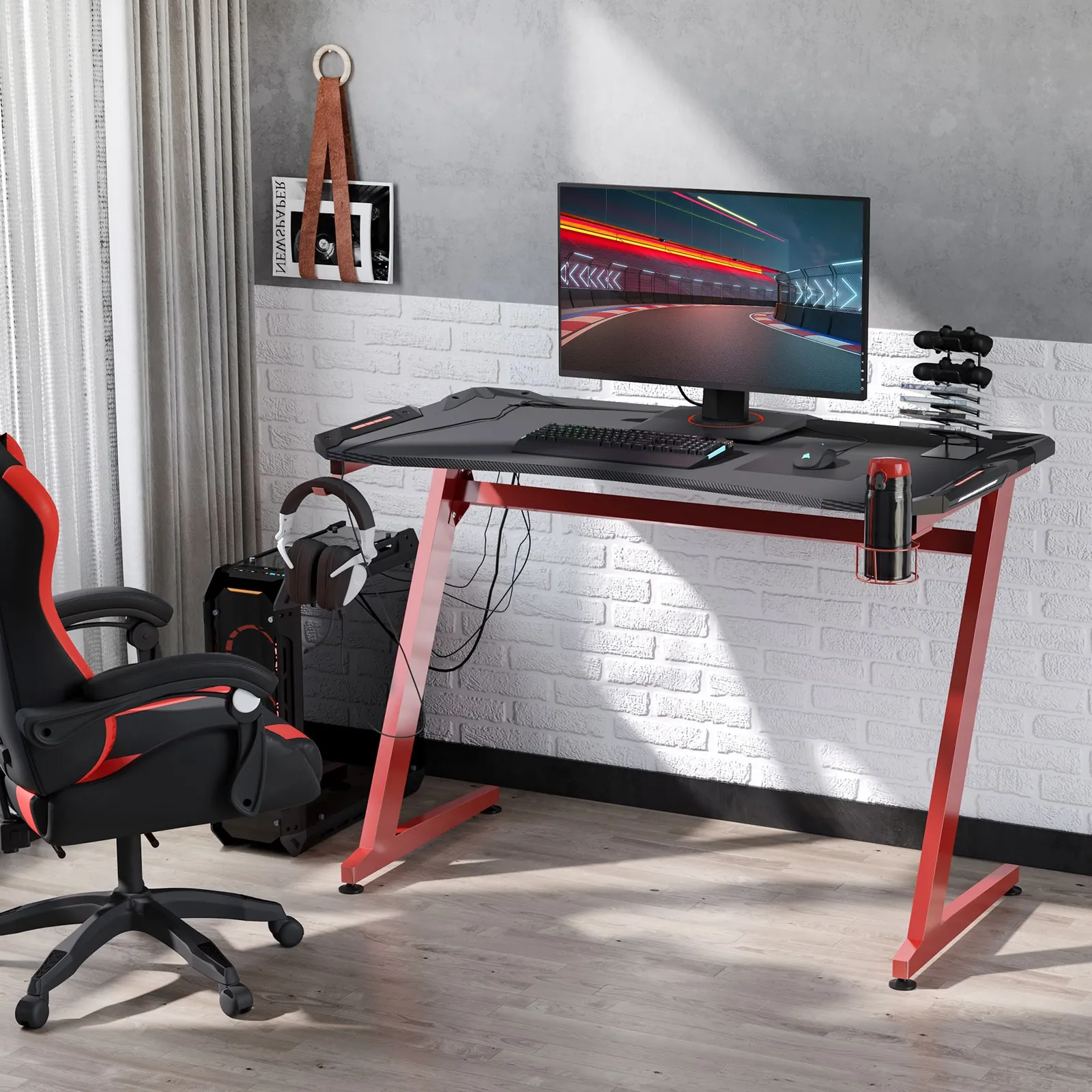 HOMCOM Gaming Desk with Gamepad Holder Cup Holder Headphone Hook in Red