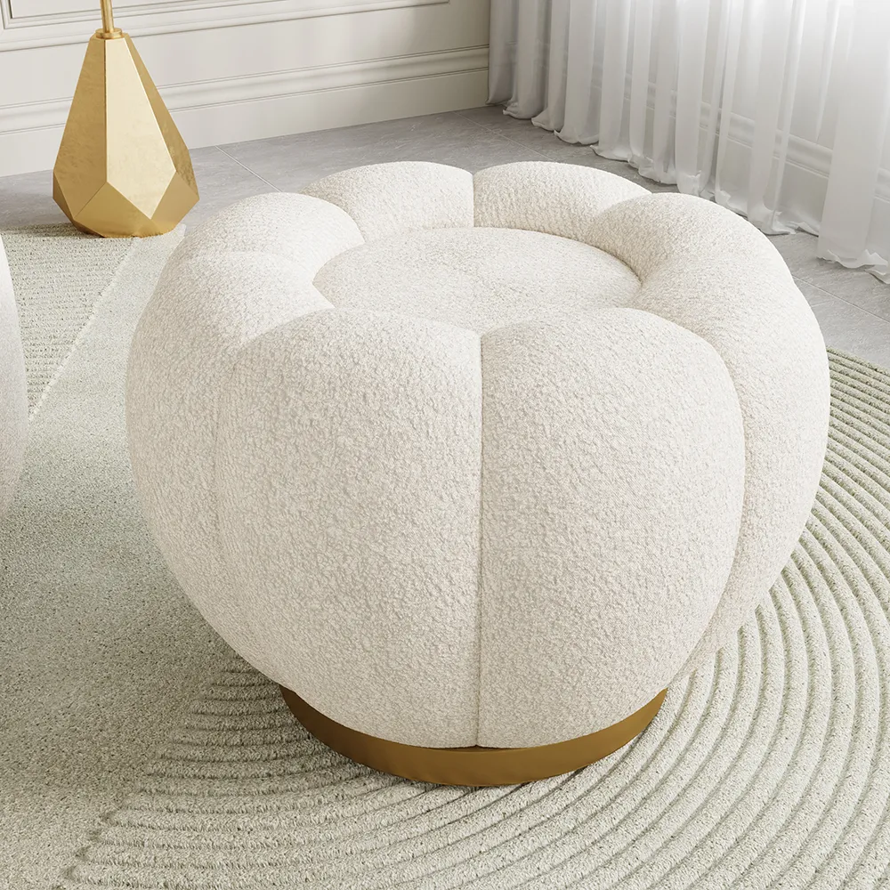 600mmDia Modern White Cream Boucle Ottoman Pumpkin Shaped Pouf Ottoman Cloud Foot Stool