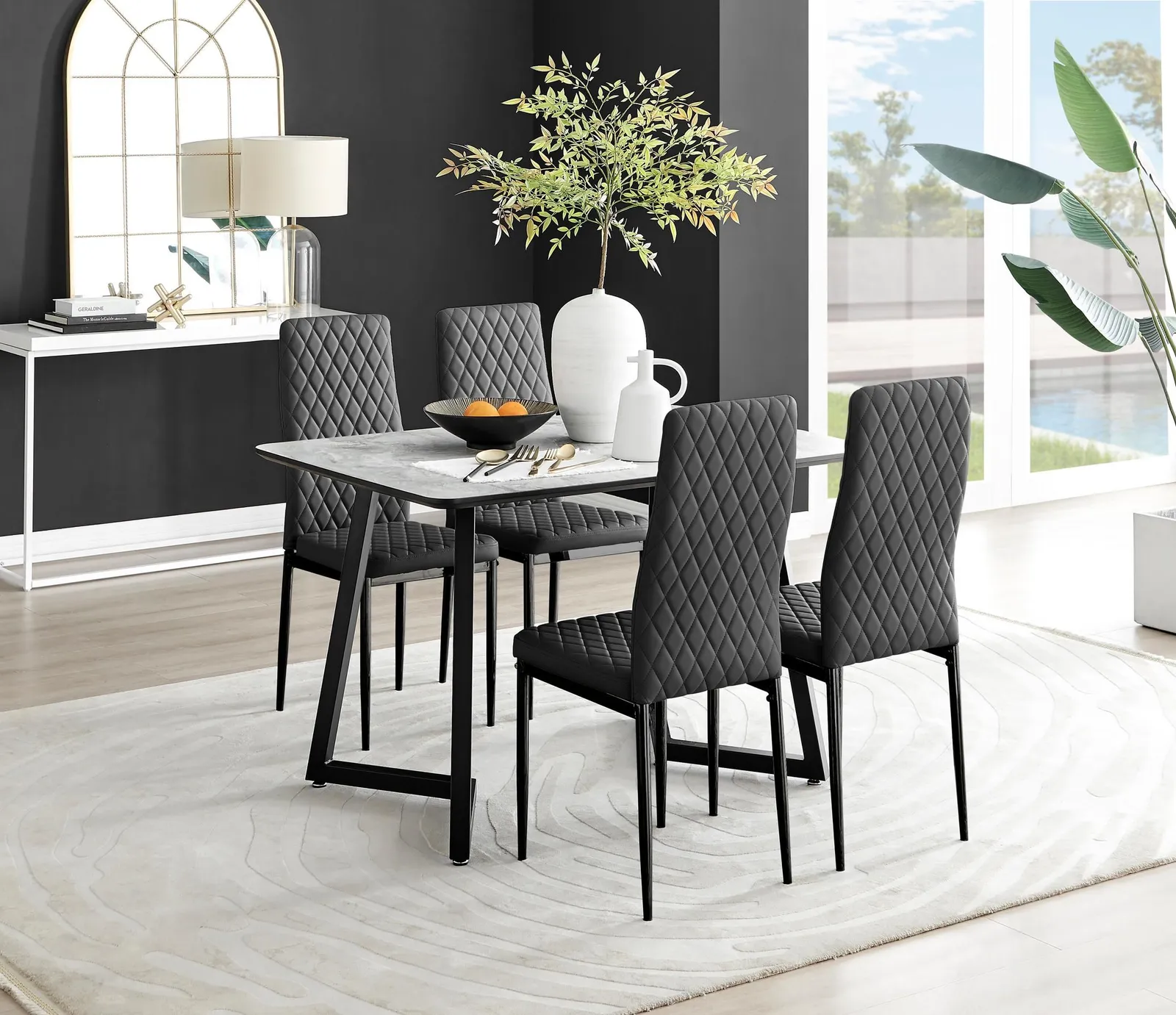 FurnitureboxUK Carson White Marble Effect Dining Table & 4 Milan Black Leg Chairs 1