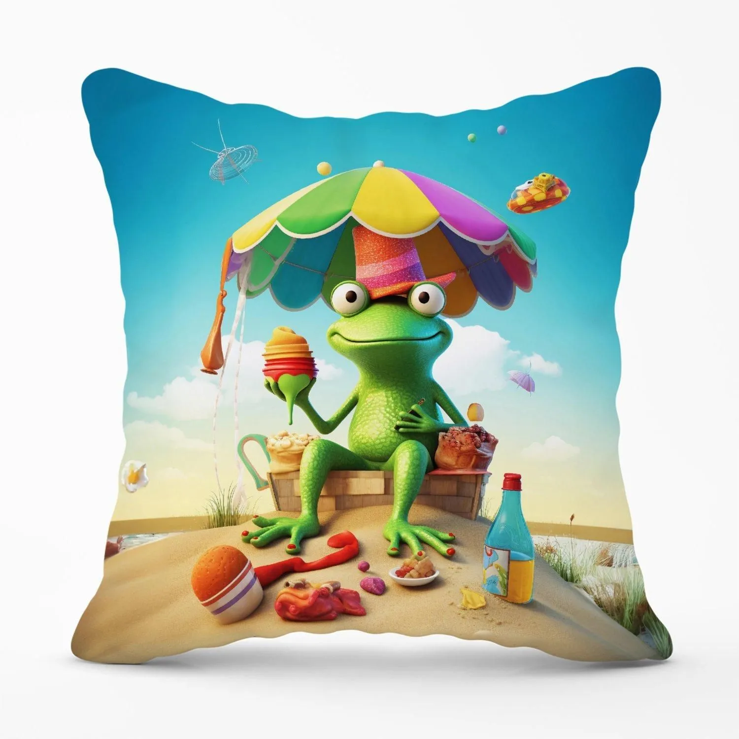 Warren Reed - Designer Frog On A Beach Holiday Outdoor Cushion in Yellow