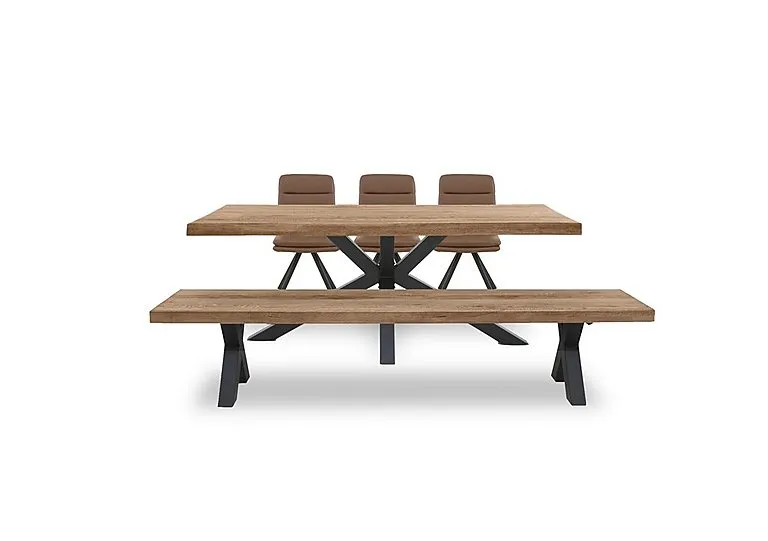 Njord Raw Edge Dining Table with Metal Star Base, Bench and 3 Tan Faux Leather Swivel Chairs - 220-cm - Storm Wood
