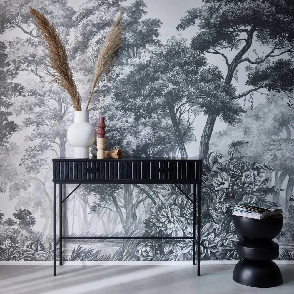 sweeek 100cm Console With Grooved Wood Decor & 2 Drawers in Black 2
