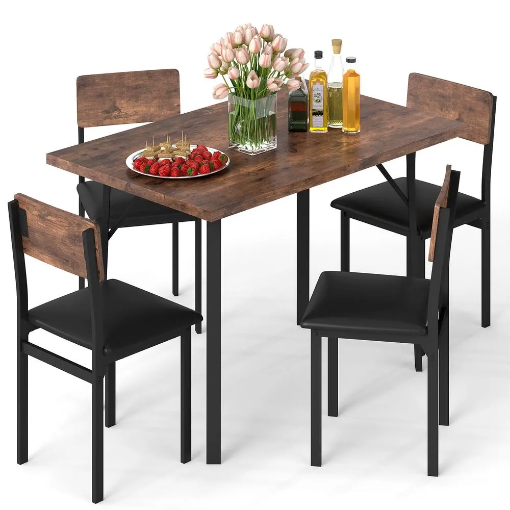 Costway 5PCS Dining Table Set Industrial Kitchen Table & 4 Upholstered Chairs in Brown 4