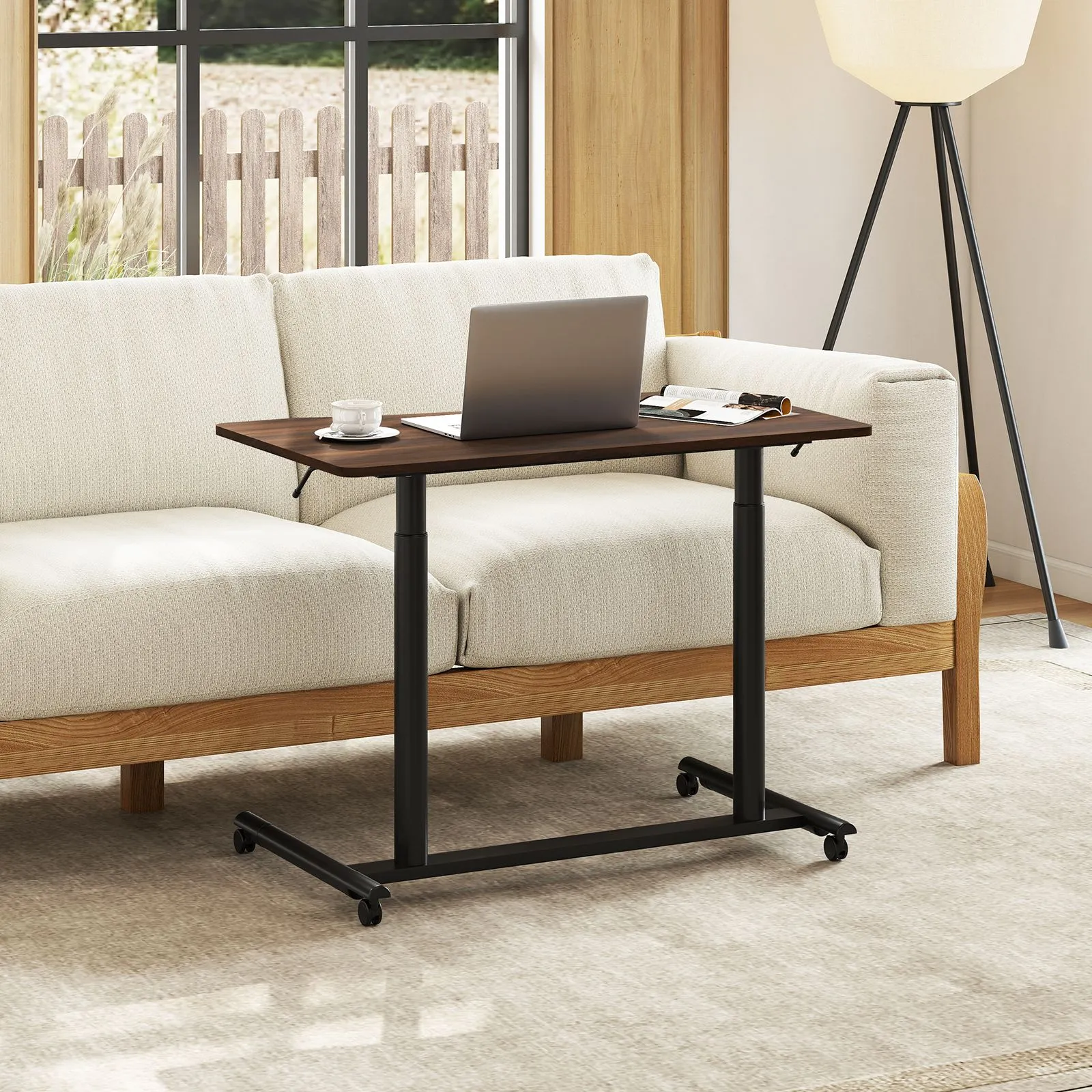Costway Mobile Standing Desk C-Shaped Sit Stand Desk w/Adjustable Height in Brown 5