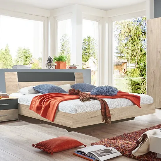 Jenny Wooden King Size Bed In Hickory Oak And Graphite