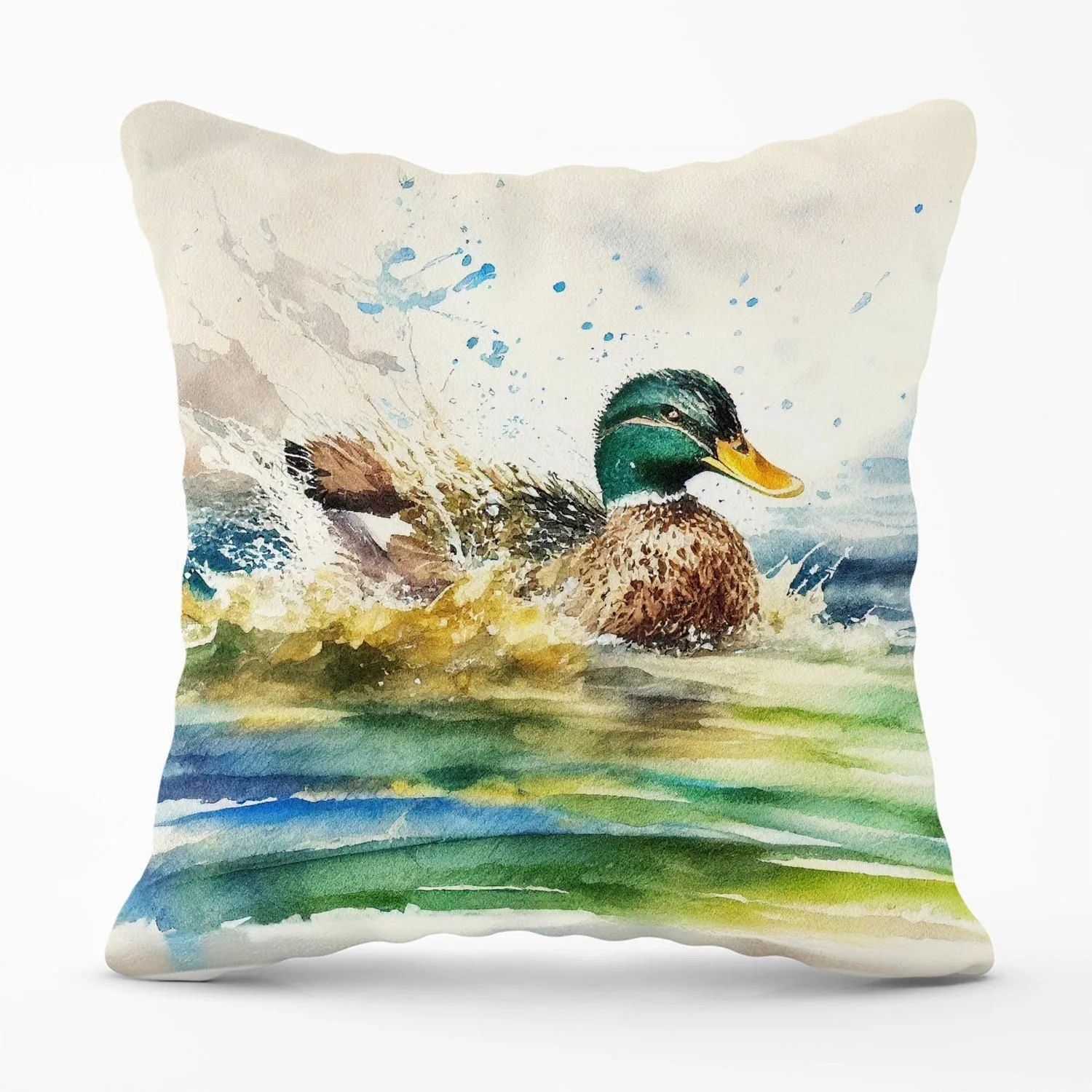 Warren Reed - Designer Splashing Mallard Watercolour Outdoor Cushion in Brown