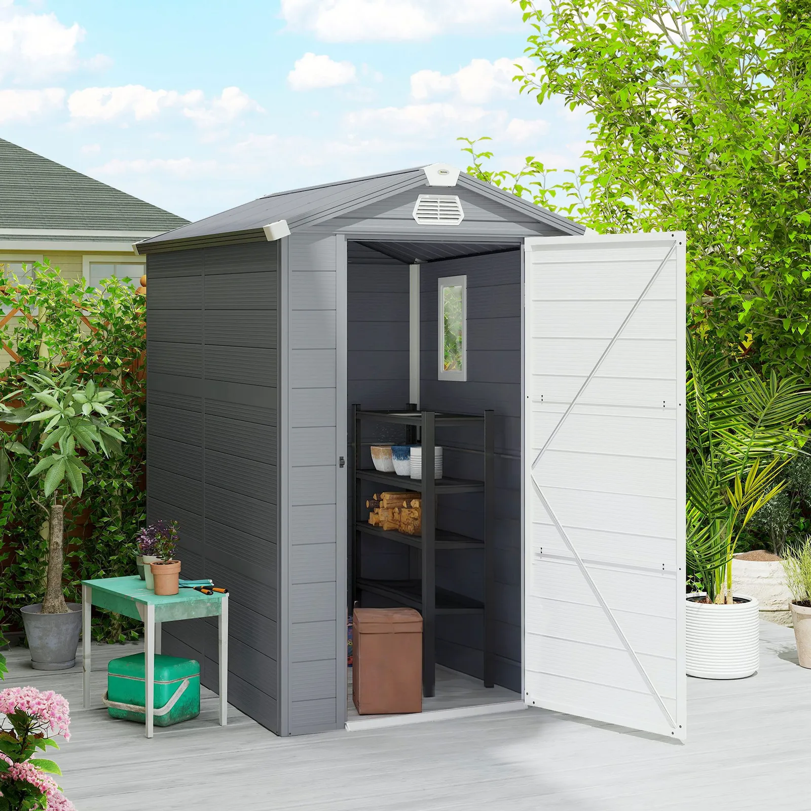 OUTSUNNY 4 x 3ft Garden Shed Storage with Foundation Kit & Vents in Grey