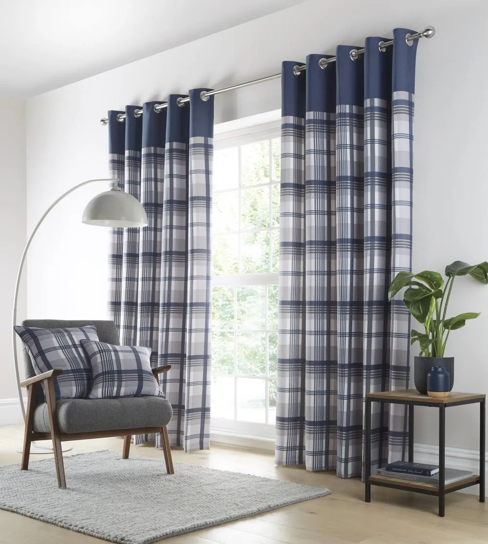 Portfolio Home Orleans Tartan Check Fully Lined Eyelet Curtains 2 Panel Pair in Blue 2