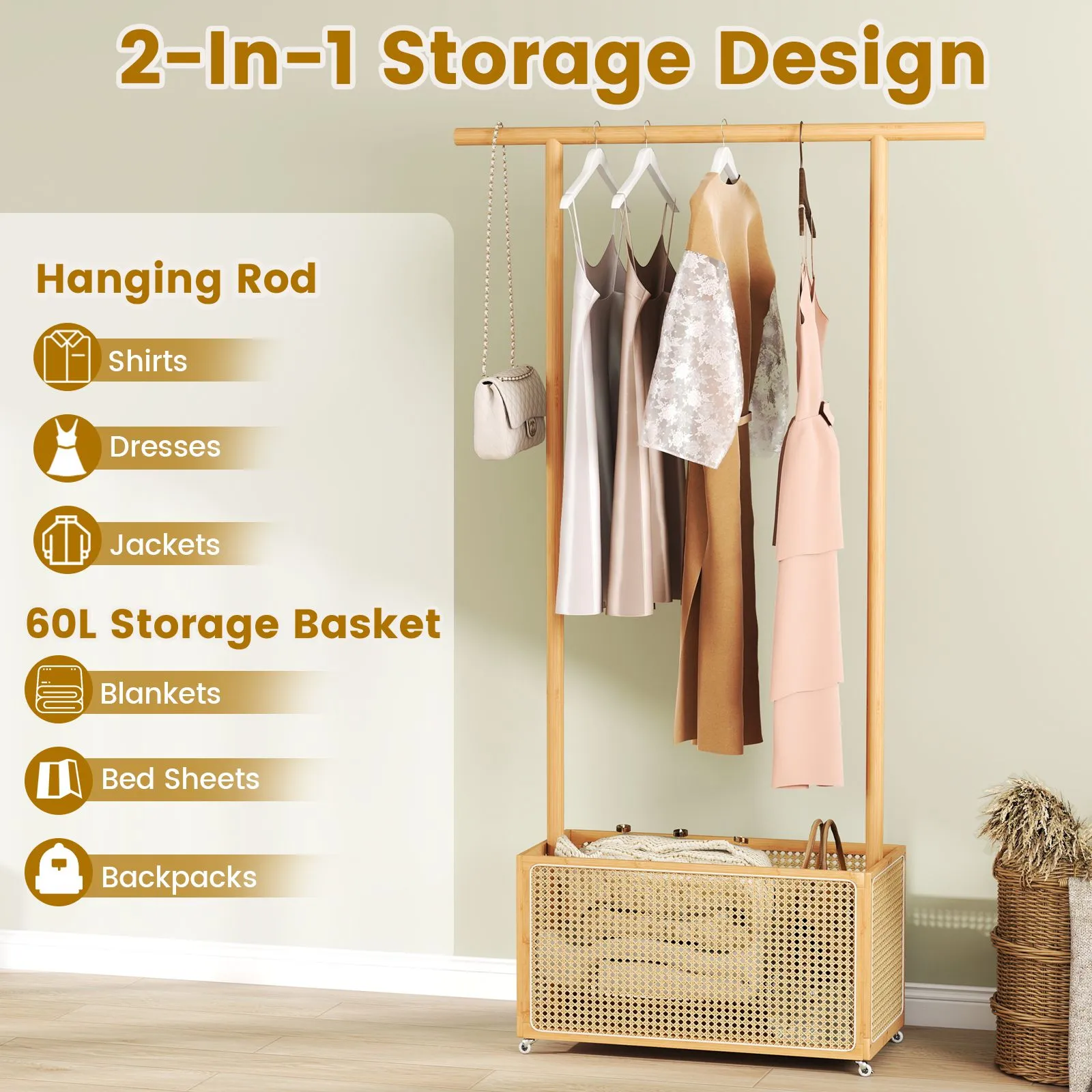 Costway Bamboo Clothes Rack Coat Hanger Stand with Rattan Storage Basket in Natural 6