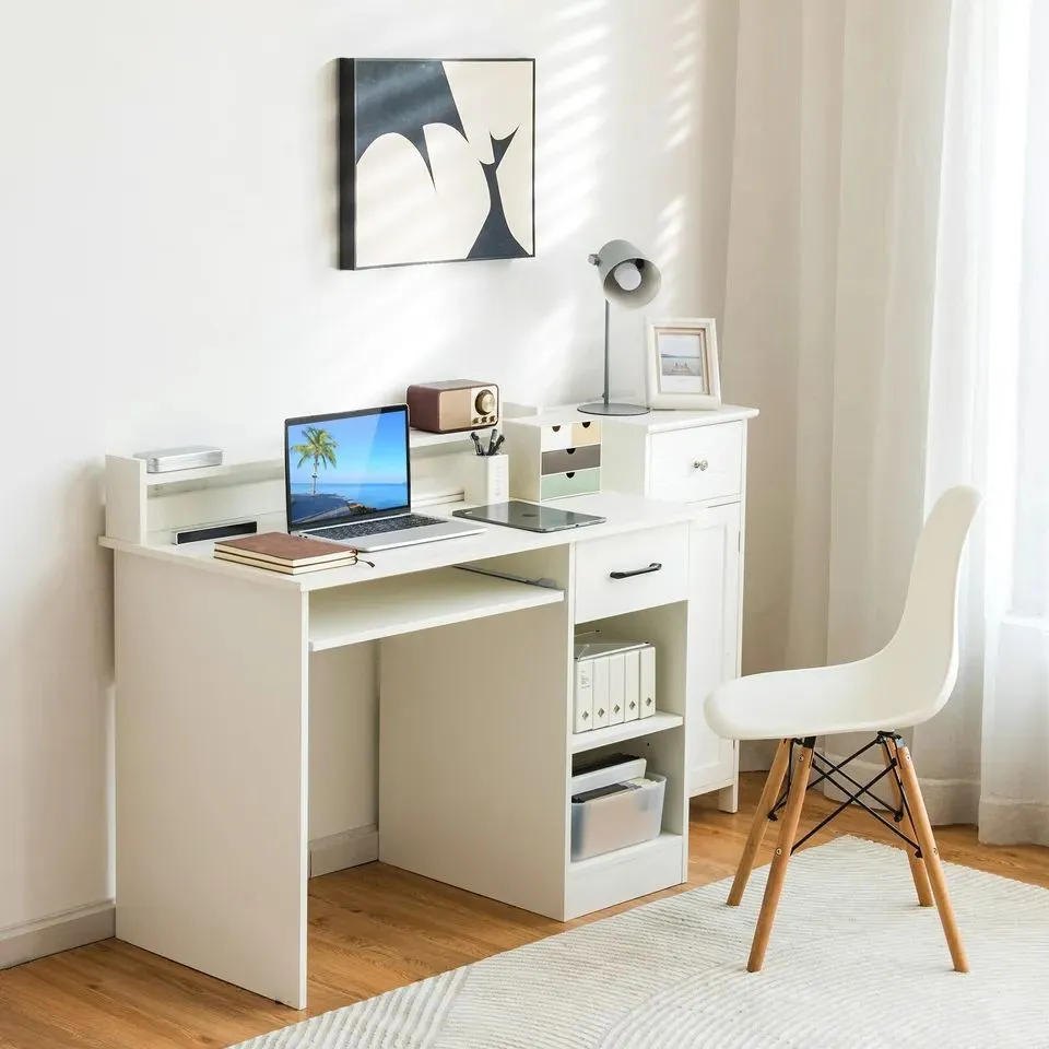 Costway Wooden Computer Desk W/ Keyboard Tray Home Office Writing Desk Vanity Dressing Table in White 3