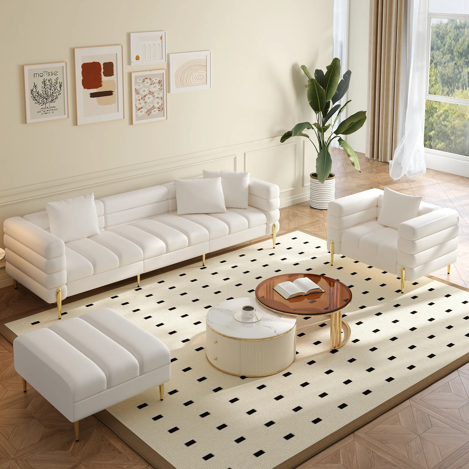 Axial 3-Piece Sofa Set of Chaise Sofa with Ottomans & Accent Chair