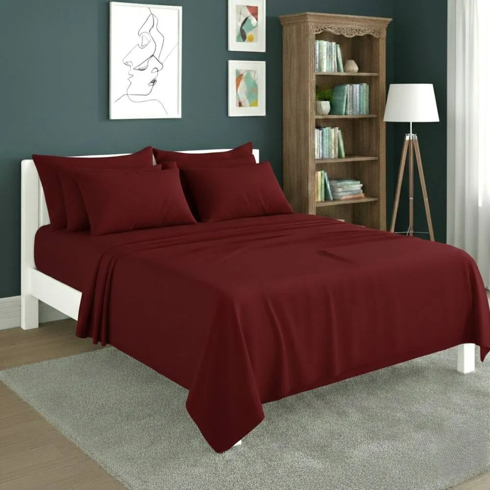 Snug City Plain Poly Cotton Easy Care Fitted Flat Sheet Matching Pillowcases Set in Red