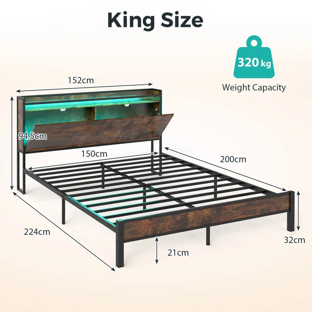Costway King Size Bed Frame with LED Lights & Charging Station in Black 2