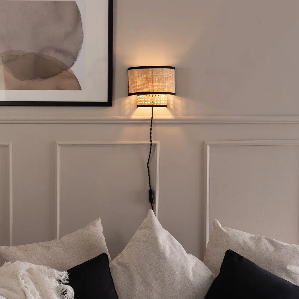 ValueLights Plug In Easy Fit Natural Rattan Wall Light in Brown 4