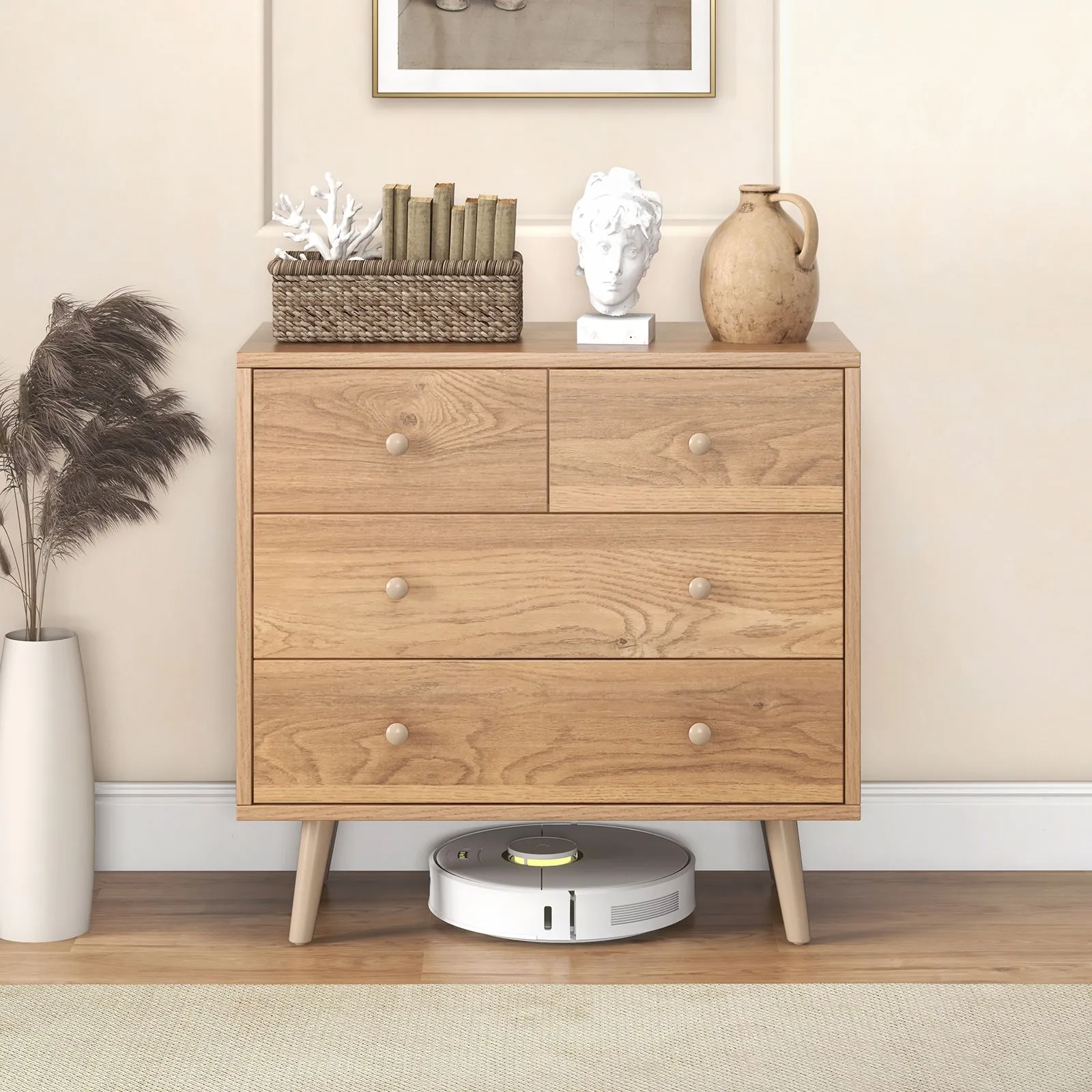 Costway 4-Drawer Chest Storage Cabinet Dresser Freestanding Organizer w/ Anti-tipping Device in Natural 2