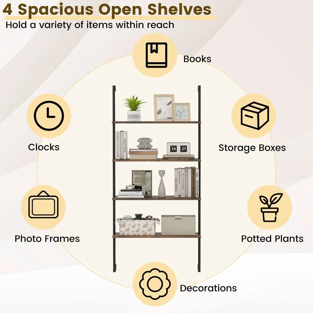 Costway 4-Tier Wall-Mounted Bookshelf Floating Display Shelves Wooden Bookcase in Brown 6