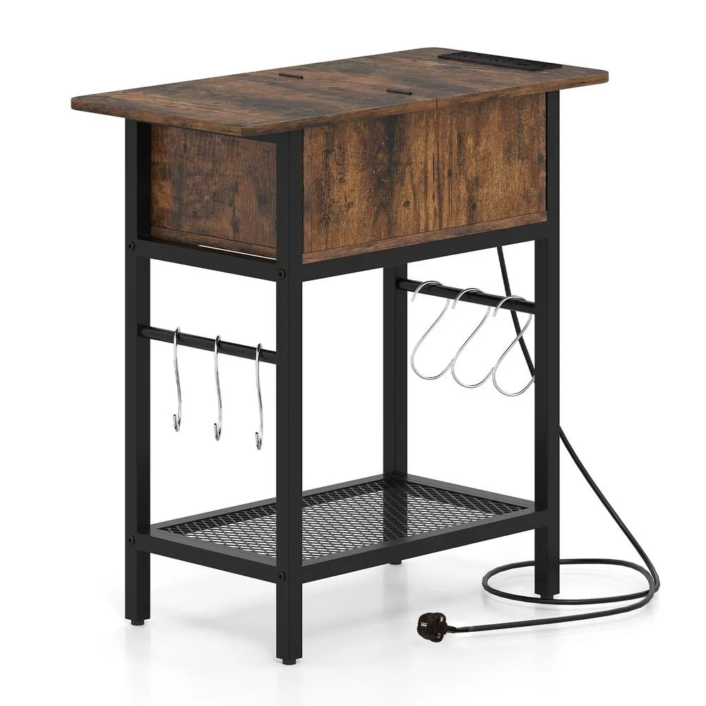 Costway Skinny Sofa Side Table Narrow End Table with Charging Station in Brown 2