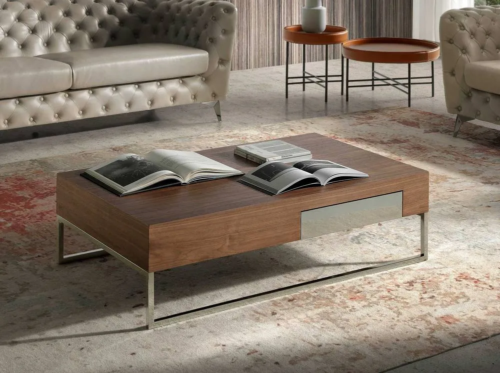 Angel Cerda Walnut Veneer Rectangular Coffee Table with Chrome in Brown 3