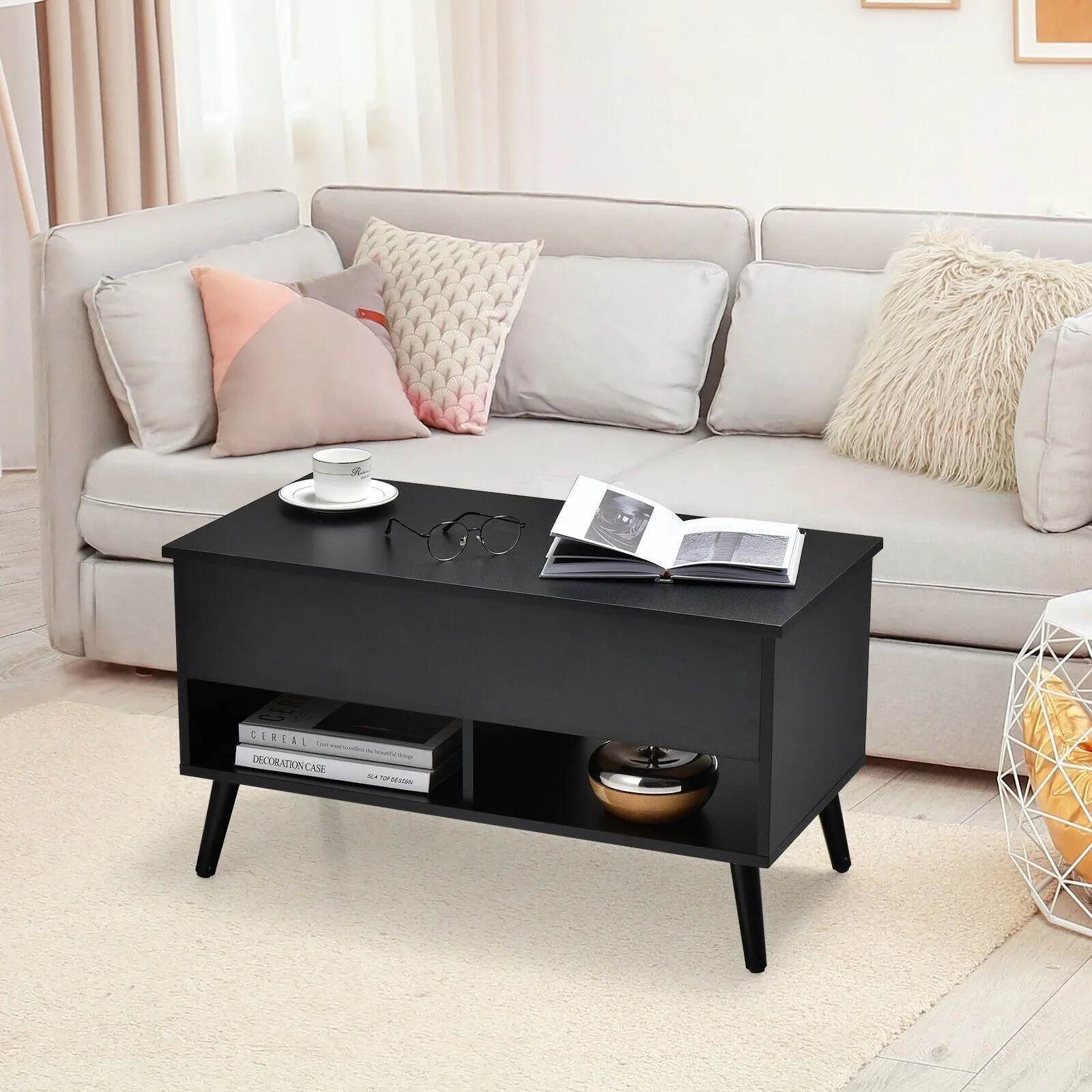Costway Lift Top Coffee Table Modern Wooden Lift Top Dining Cocktail Table Living Room in Black 3