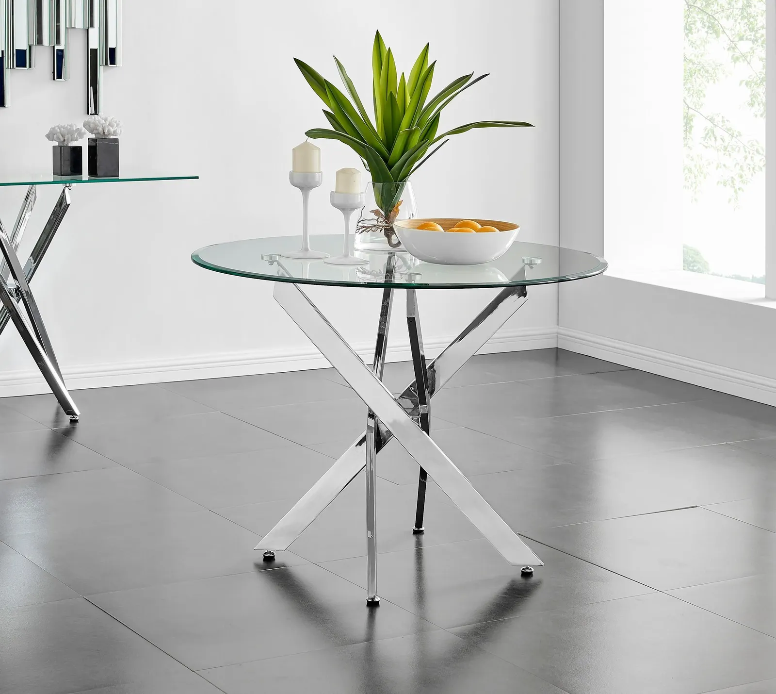 FurnitureboxUK Novara 100cm Round 4-Seater Glass & Metal Starburst Dining Table in Silver 6