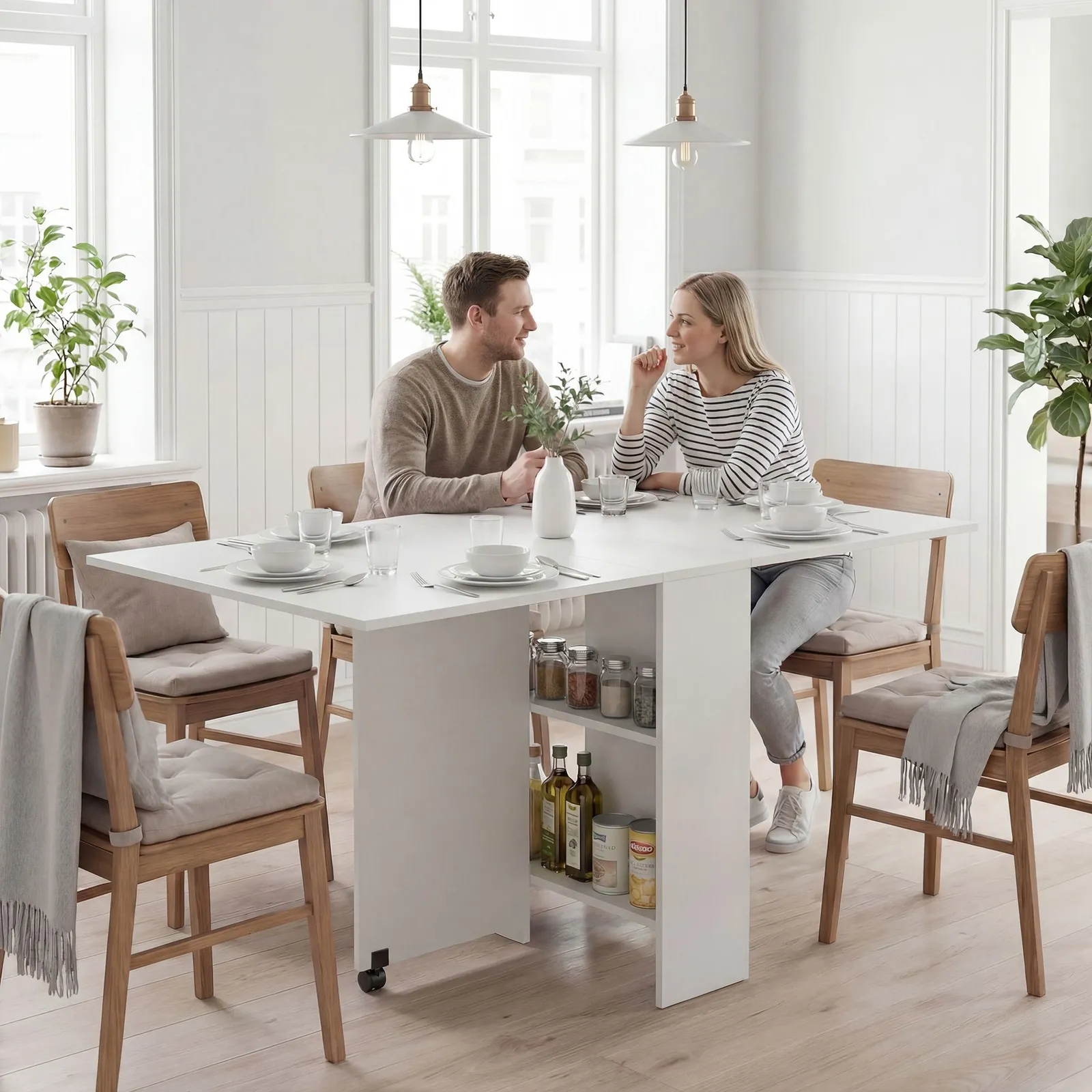 HOMCOM 80-140 cm Folding Dining Table for 4-6 Drop Leaf Table in White