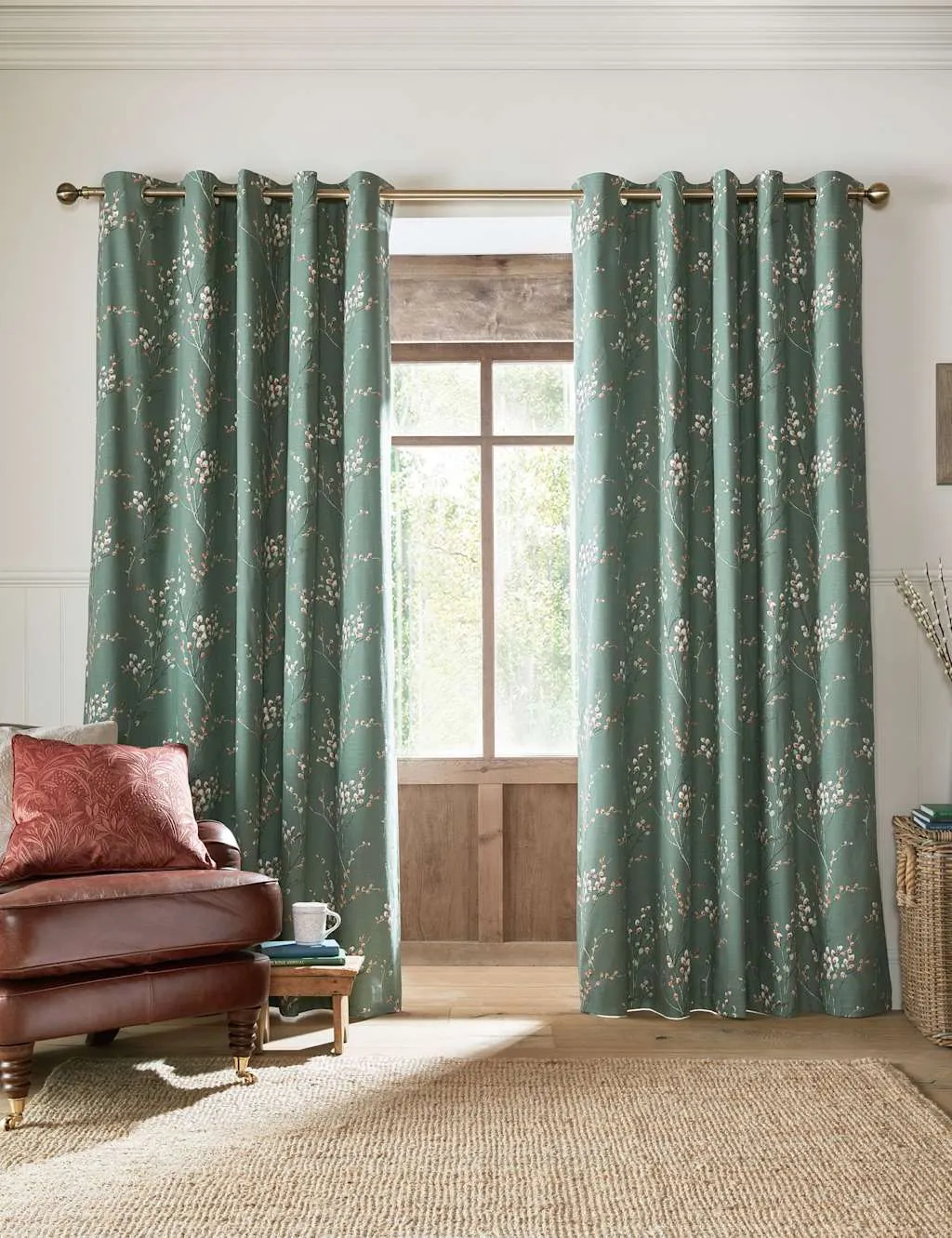 Laura Ashley Pussy Willow Eyelet Blackout Curtains Green Mix